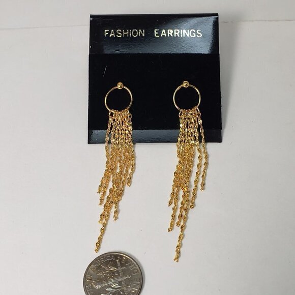 Women's Polished Gold tone Hoop Fringed Chain Post Drop Dangle Earrings, 2.75-in - Picture 7 of 8
